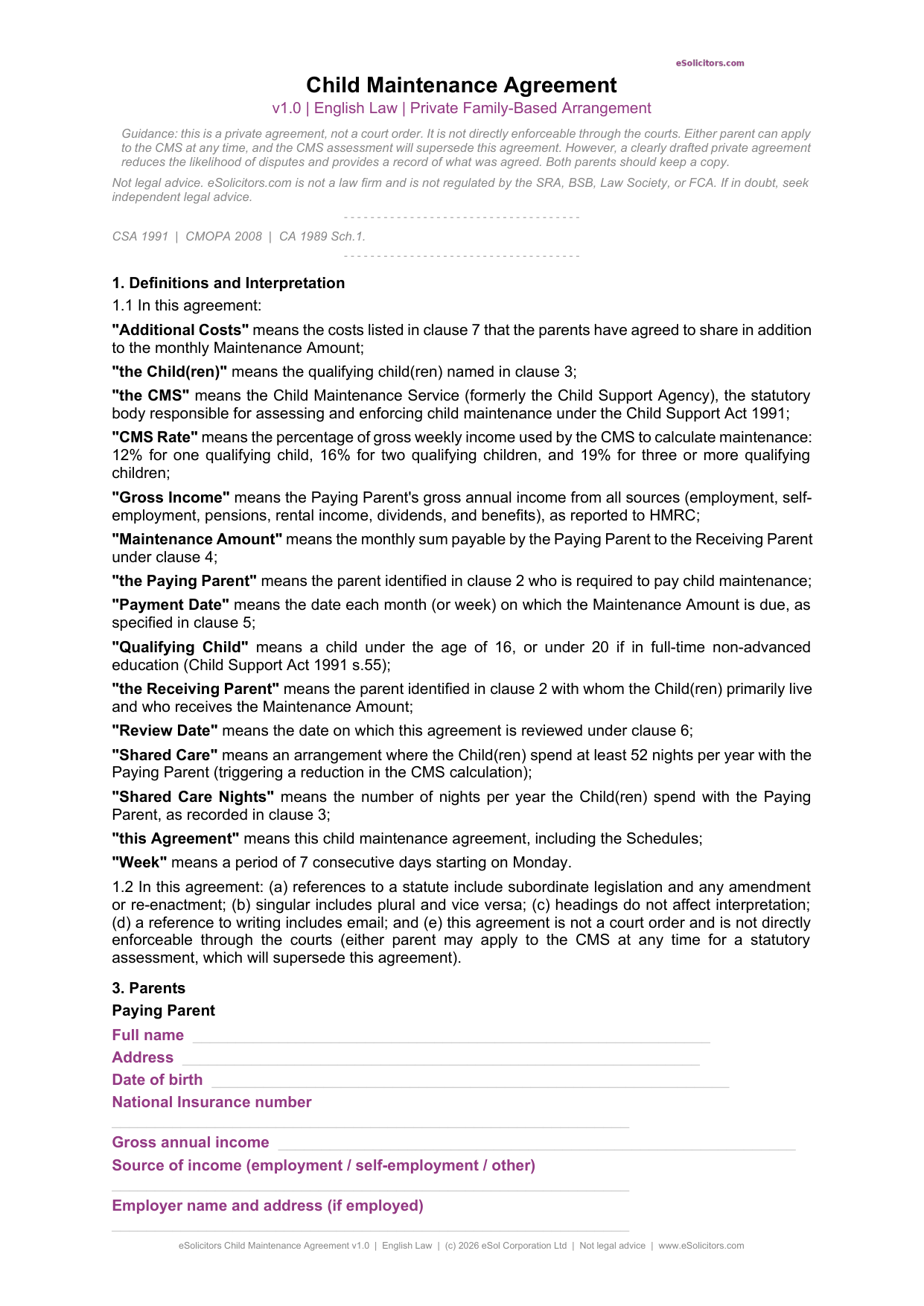 Child Maintenance Agreement Template — UK Solicitor-Drafted