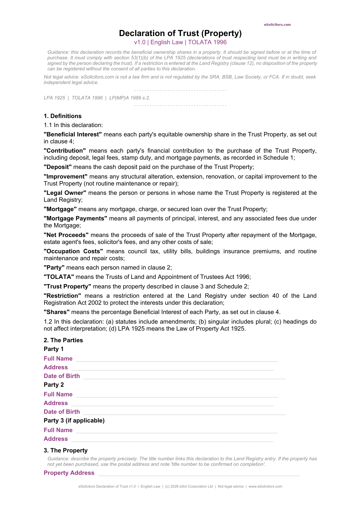 Declaration of Trust Template UK - Lawyer-Drafted Property Trust | eSolicitors