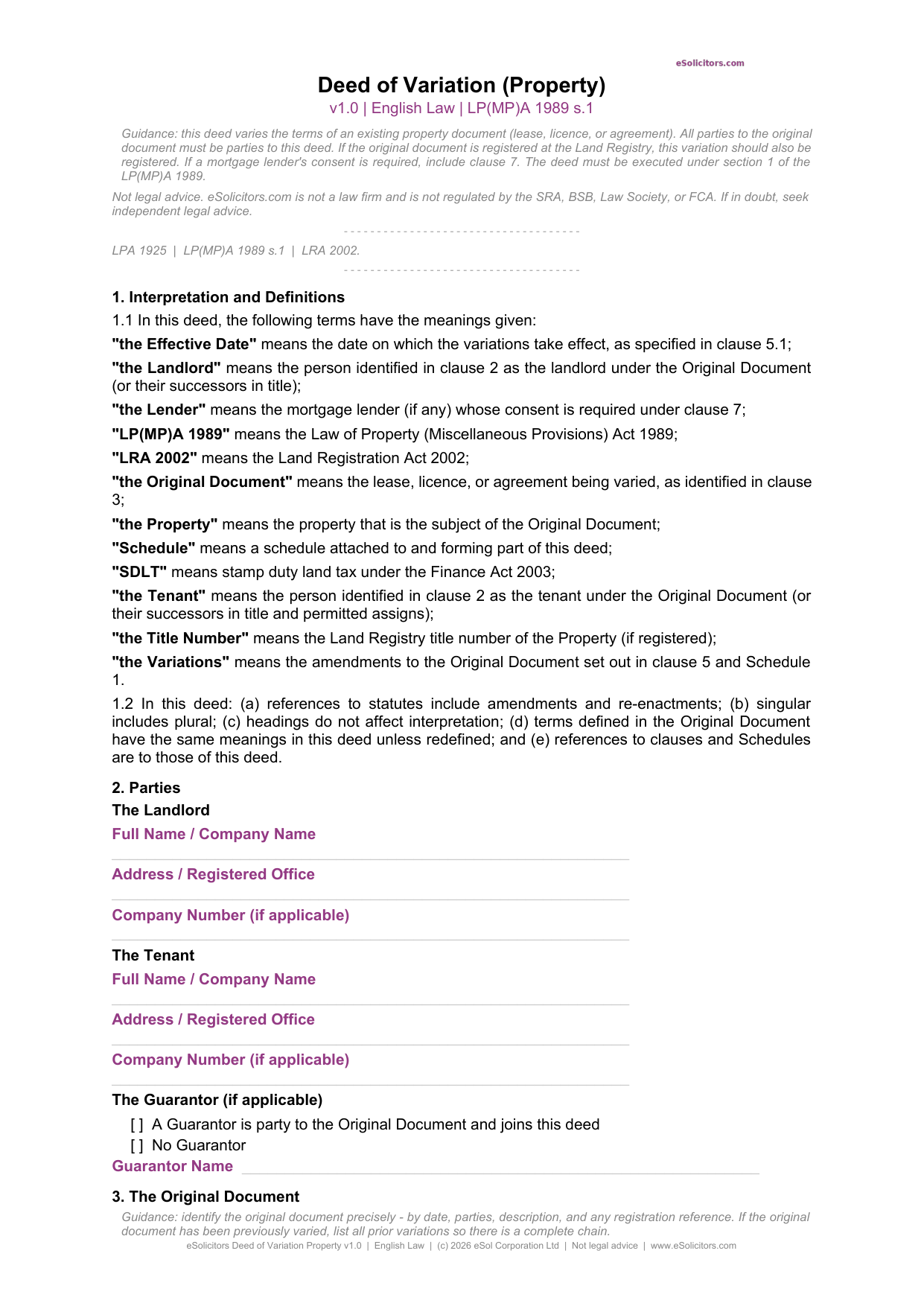 Deed of Variation Property Template UK - Lawyer-Drafted Leasehold and Freehold Pack | eSolicitors