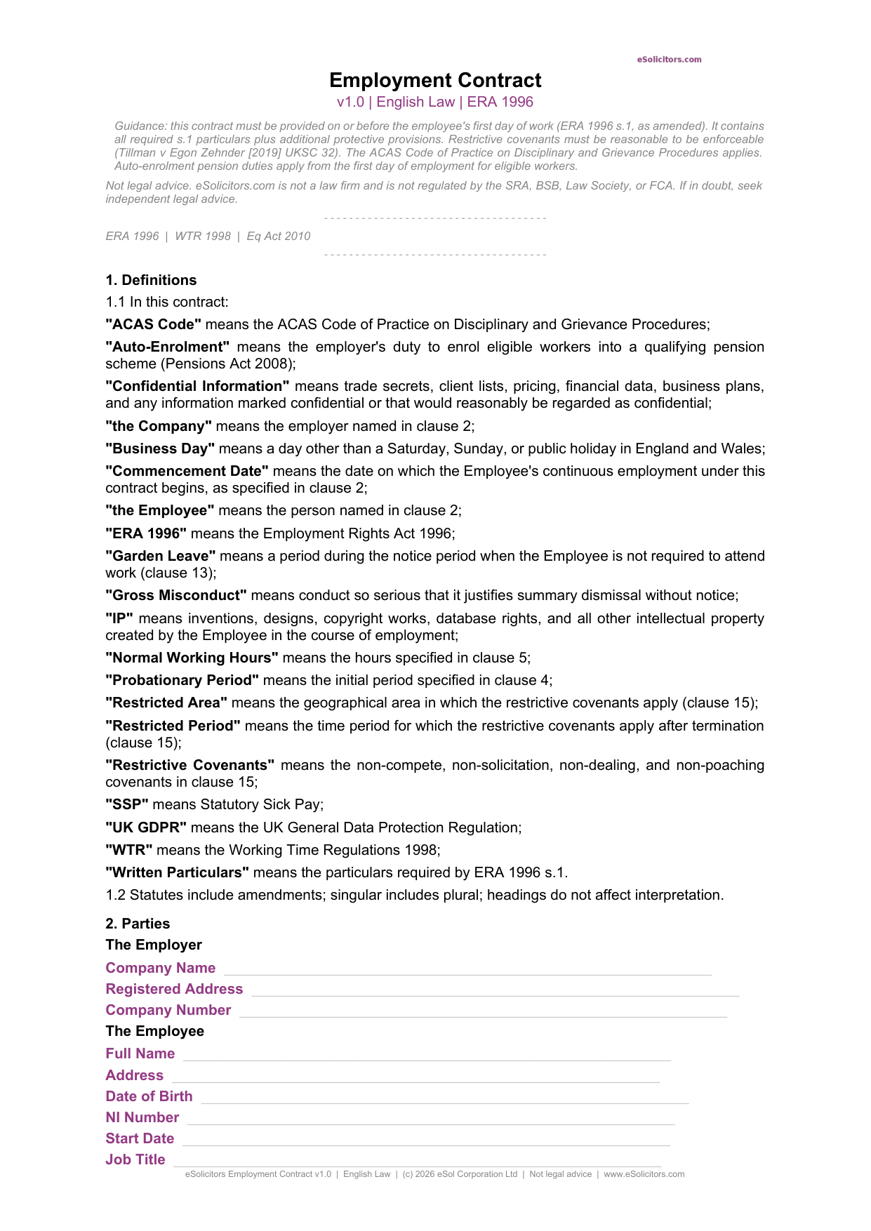 Employment Contract Template UK — Free Sample | eSolicitors