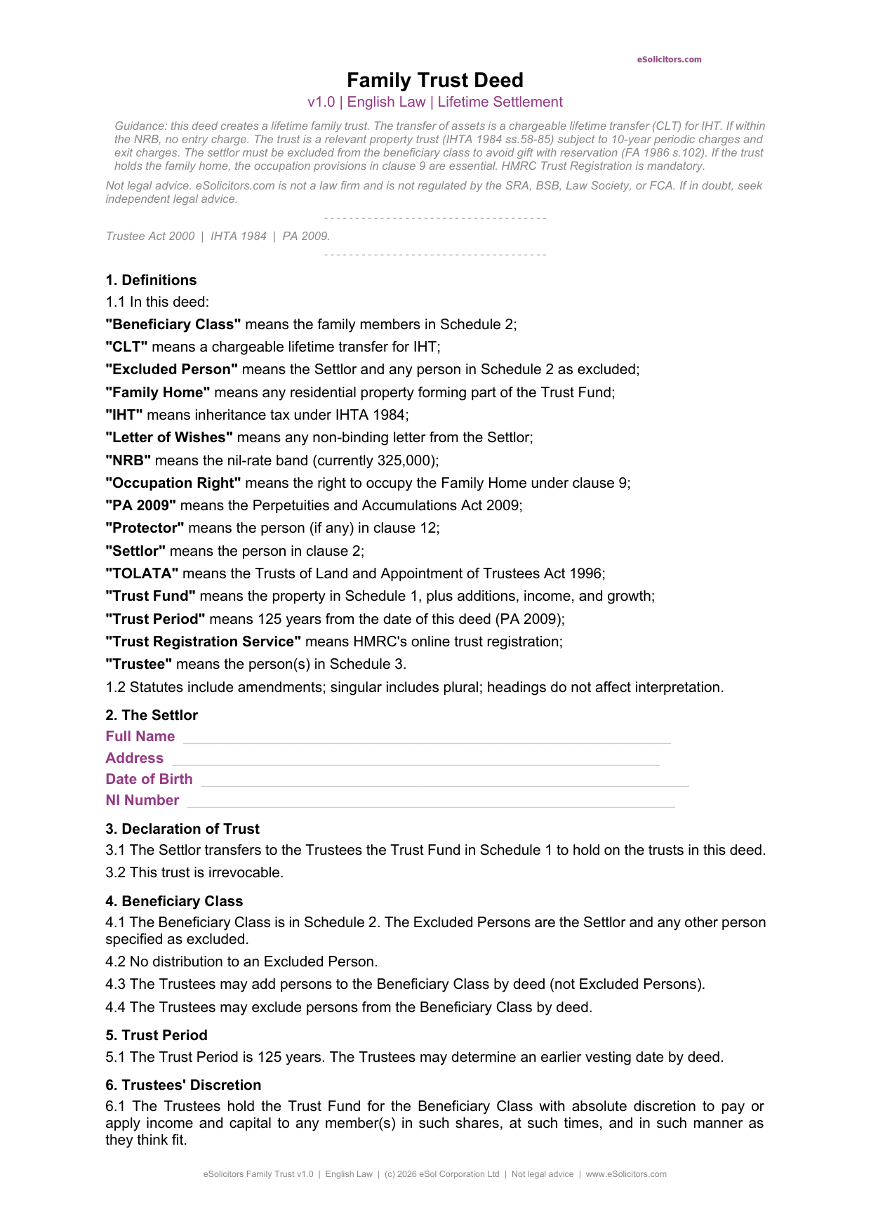 Family Trust Deed Template UK - Lawyer-Drafted | eSolicitors