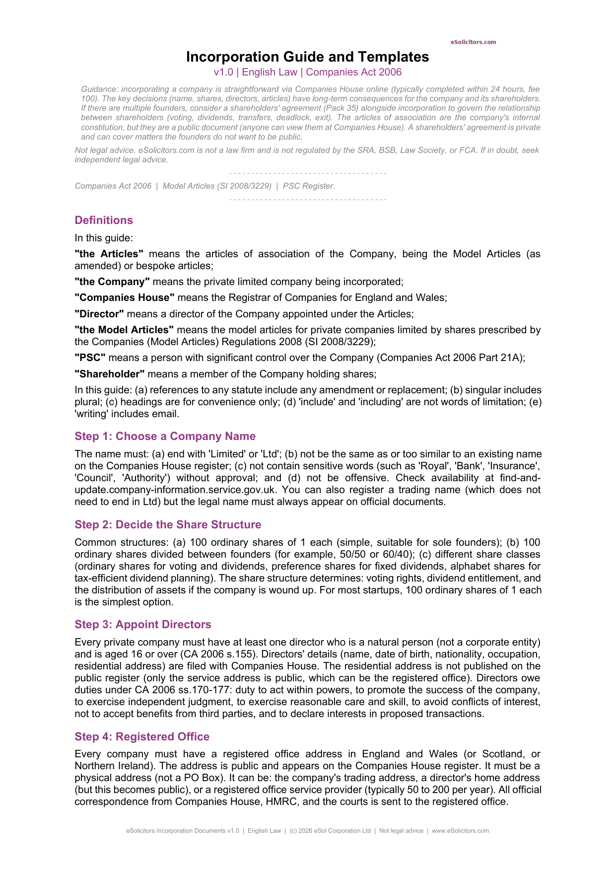 Company Formation Template UK — Free Sample | eSolicitors