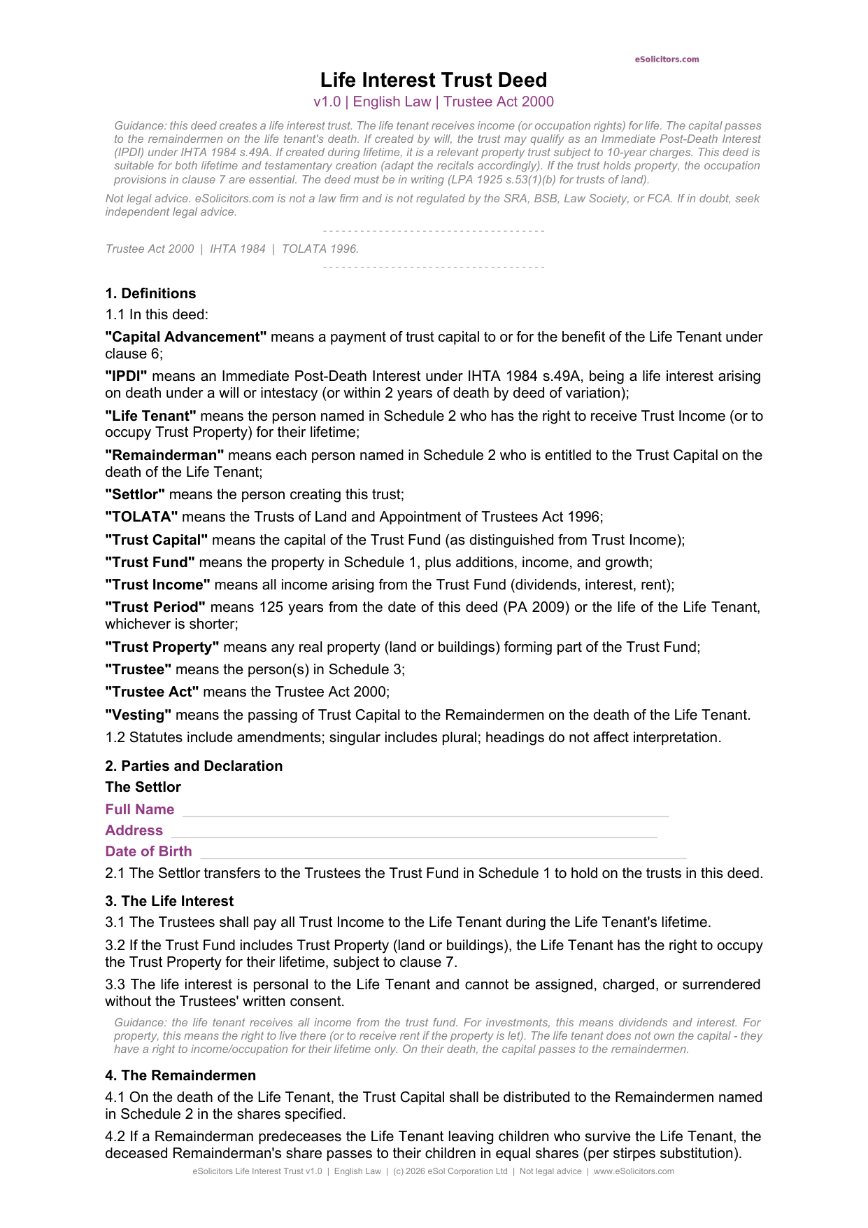 Life Interest Trust Deed Template UK - Lawyer-Drafted | eSolicitors