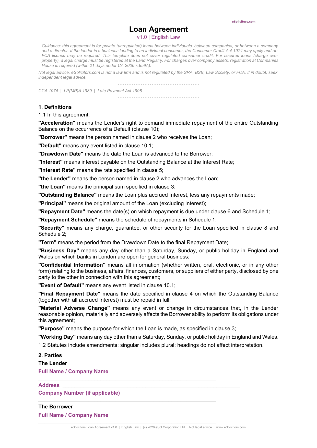 Loan Agreement Template UK - Lawyer-Drafted Personal and Business Loans | eSolicitors