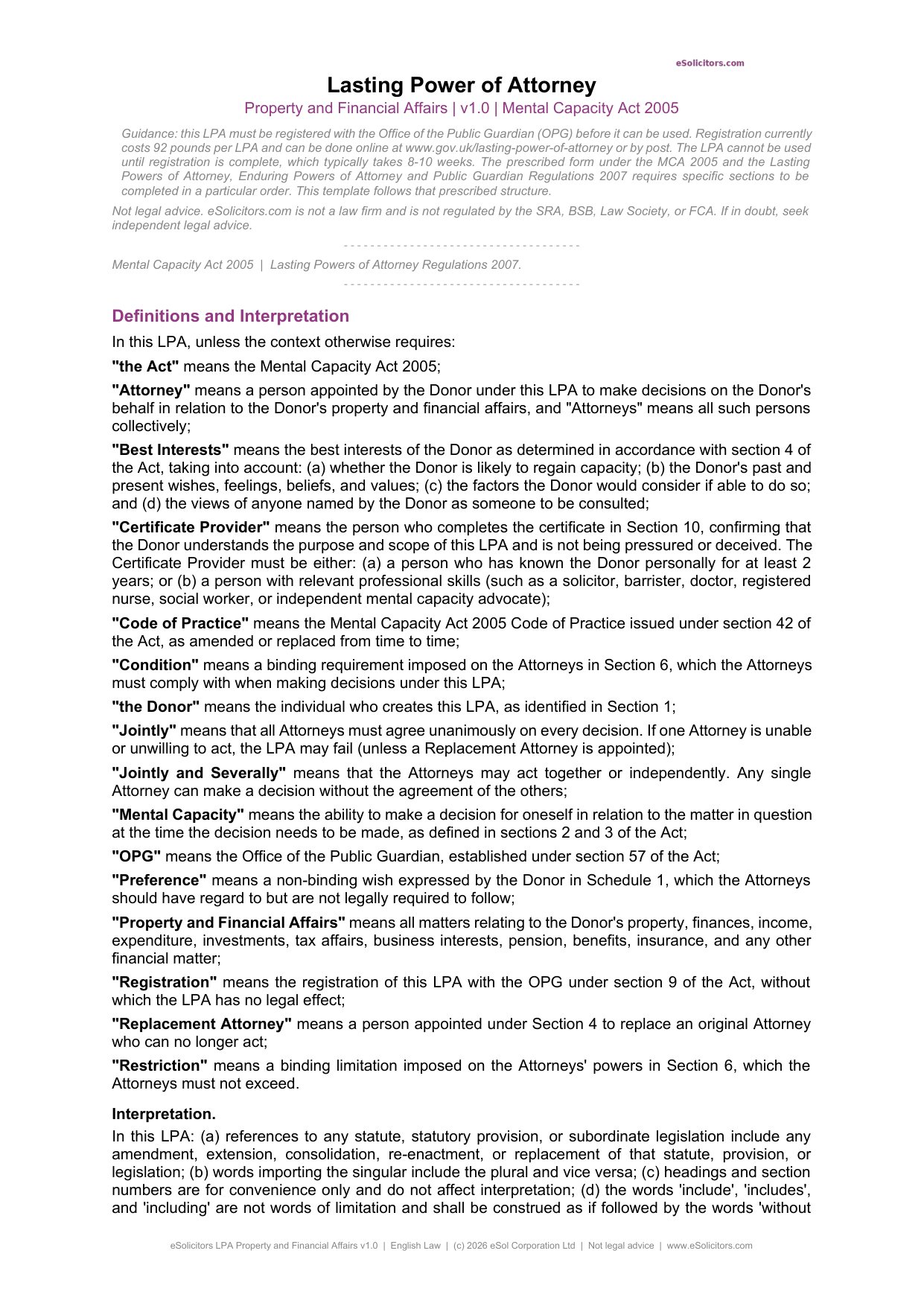 Lasting Power of Attorney Template UK — Free Sample | eSolicitors