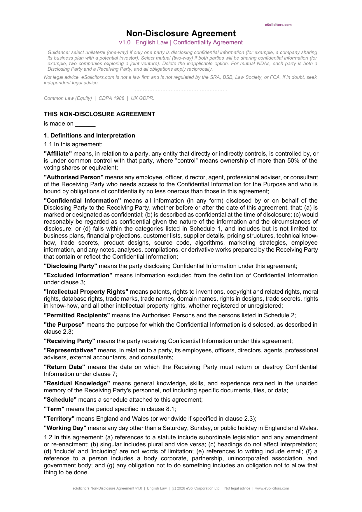 Non-Disclosure Agreement (NDA) Template — UK Business Use