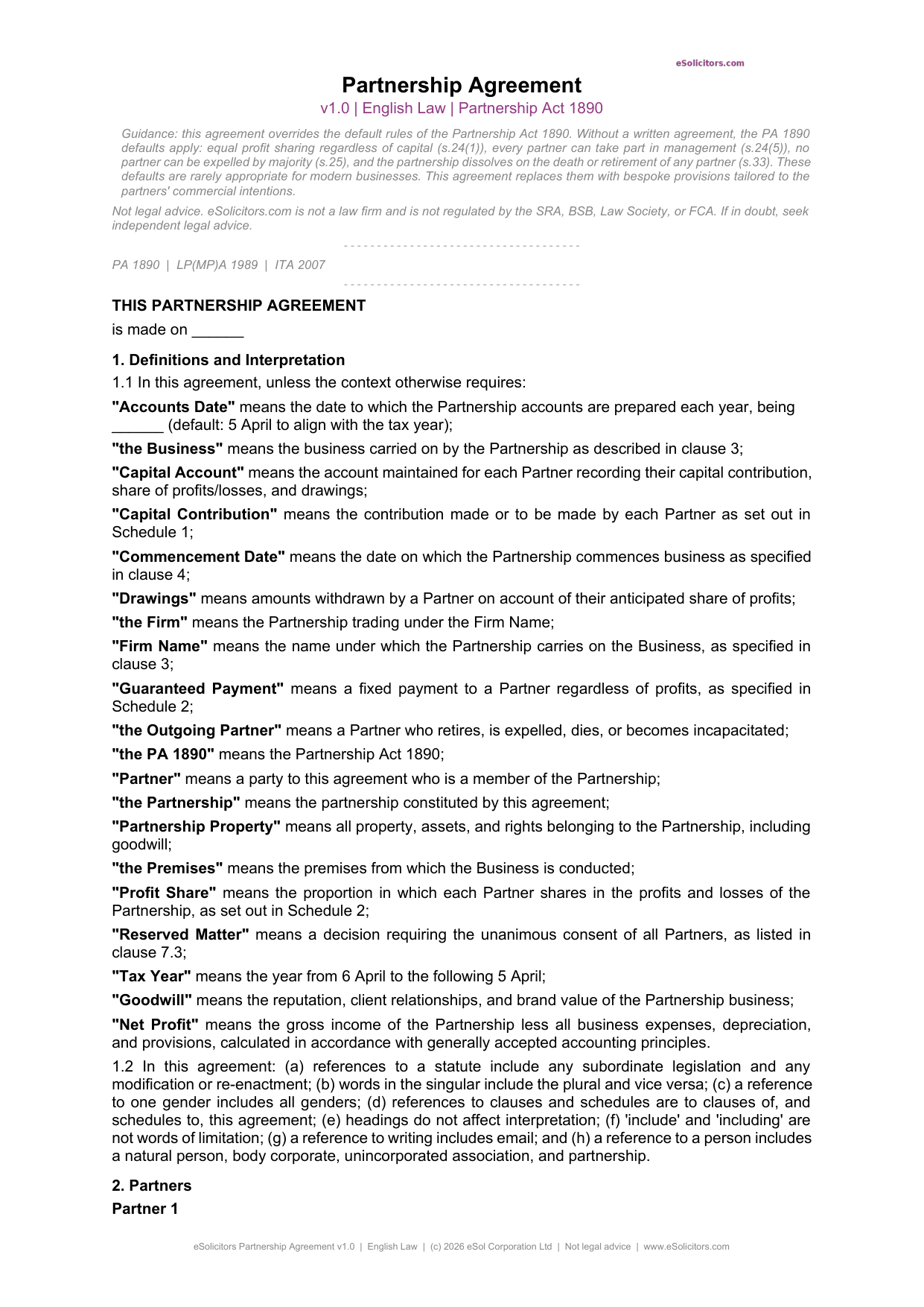 Partnership Agreement Template — UK Business Use (2026)