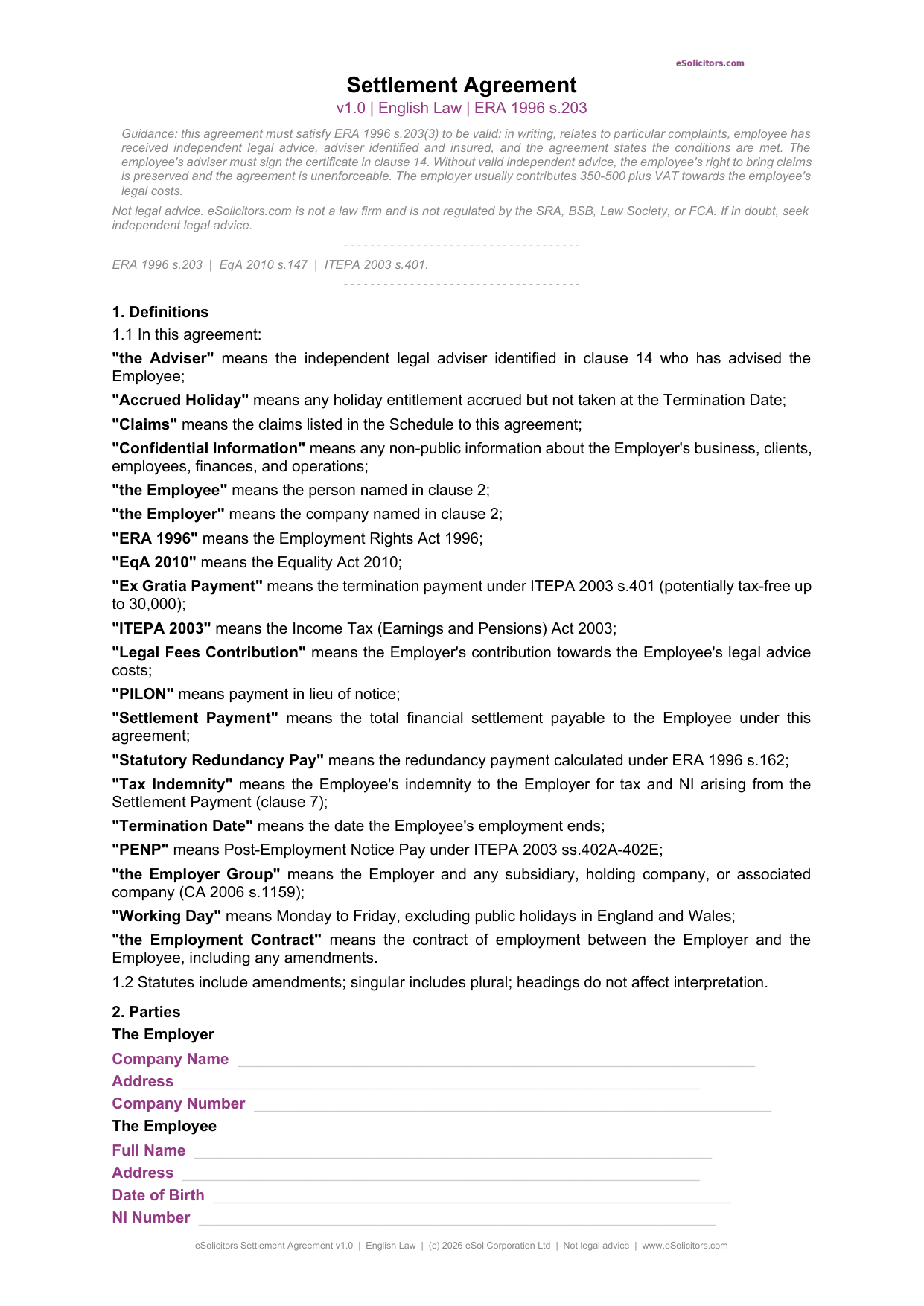 Settlement Agreement Template UK — Free Sample | eSolicitors