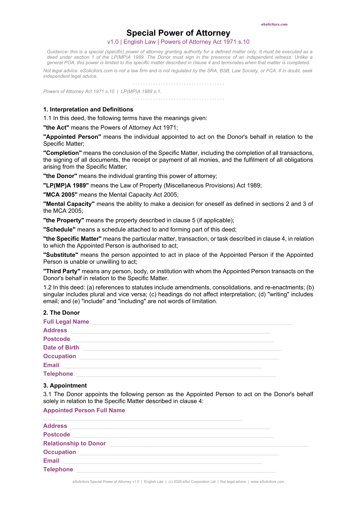 Special Power of Attorney Template UK - Lawyer-Drafted | eSolicitors